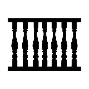 May include: A solid black silhouette graphic of a railing featuring a horizontal top rail and a horizontal bottom rail connected by seven evenly spaced vertical balusters, each with a central bulbous shape and tapered ends.