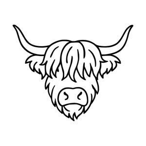 Op de afbeelding: Een zwart-wit lijntekening van een Schotse Hooglander-kop. De afbeelding toont het lange, ruige haar van het dier dat de ogen bedekt, prominente gebogen hoorns en een gedetailleerde snuit met zichtbare neusgaten en een mond.