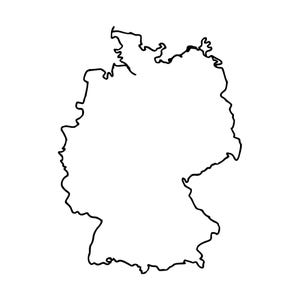 Könnte beinhalten: Eine einfache schwarze Strichzeichnung, die den geografischen Umriss von Deutschland darstellt. Die Illustration besteht aus einer durchgehenden, dünnen schwarzen Linie, die die Landesgrenzen auf einem weißen Hintergrund nachzeichnet.