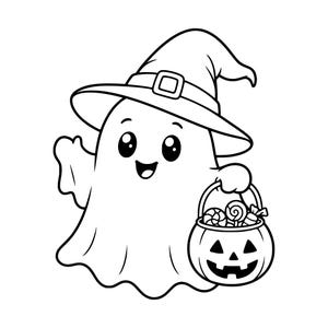 May include: A black and white line art illustration of a smiling ghost wearing a pointed witch hat with a buckle. The ghost is holding a jack-o'-lantern bucket filled with various candies, including a lollipop and wrapped sweets, for Halloween.