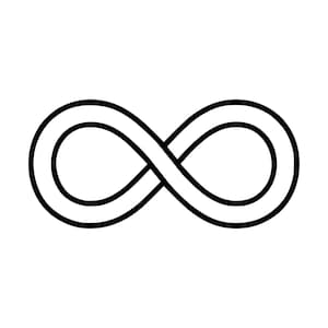 Può includere: Un disegno a linee nere di un simbolo dell'infinito centrato su uno sfondo bianco. Il simbolo è costituito da un anello continuo e liscio che si incrocia al centro, formando due forme circolari simmetriche sui lati sinistro e destro.