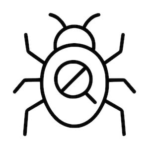 Pode incluir: Um ícone de arte linear preta de um besouro com seis pernas e duas antenas. O centro do besouro apresenta uma forma circular com uma linha diagonal que o atravessa, representando um símbolo de proibição ou um sinal anti-inseto.