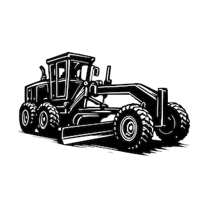 Peut inclure: Une illustration graphique en noir et blanc d'une niveleuse de chantier. Cet engin de construction lourd présente une cabine d'opérateur centrale, une longue lame réglable positionnée sous le châssis et six pneus larges et robustes.