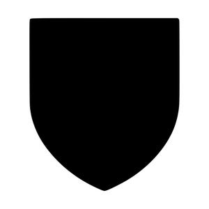 Op de afbeelding: Een effen zwart schild-icoon met een platte bovenkant, rechte verticale zijkanten en een gebogen onderkant die uitloopt in een gecentreerd punt. Deze eenvoudige, krachtige grafische vorm is uitgevoerd in uniform zwart op een witte achtergrond.