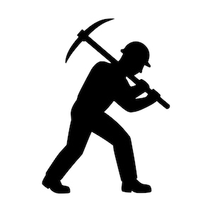 Peut inclure: Une silhouette noire solide représentant un travailleur portant un casque de chantier et une pioche sur l'épaule. La figure est représentée de profil, montrant le travailleur dans une position penchée vers l'avant tout en tenant l'outil.