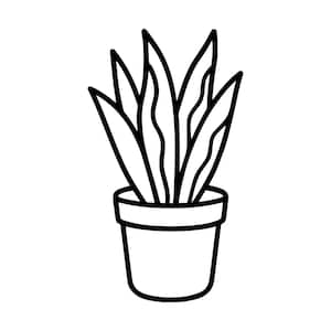 Può includere: Un'illustrazione in bianco e nero a tratto di una pianta in vaso. La pianta presenta diverse foglie alte, appuntite e dritte con dettagli a linee ondulate all'interno. La pianta è contenuta in un semplice vaso cilindrico con un bordo spesso.