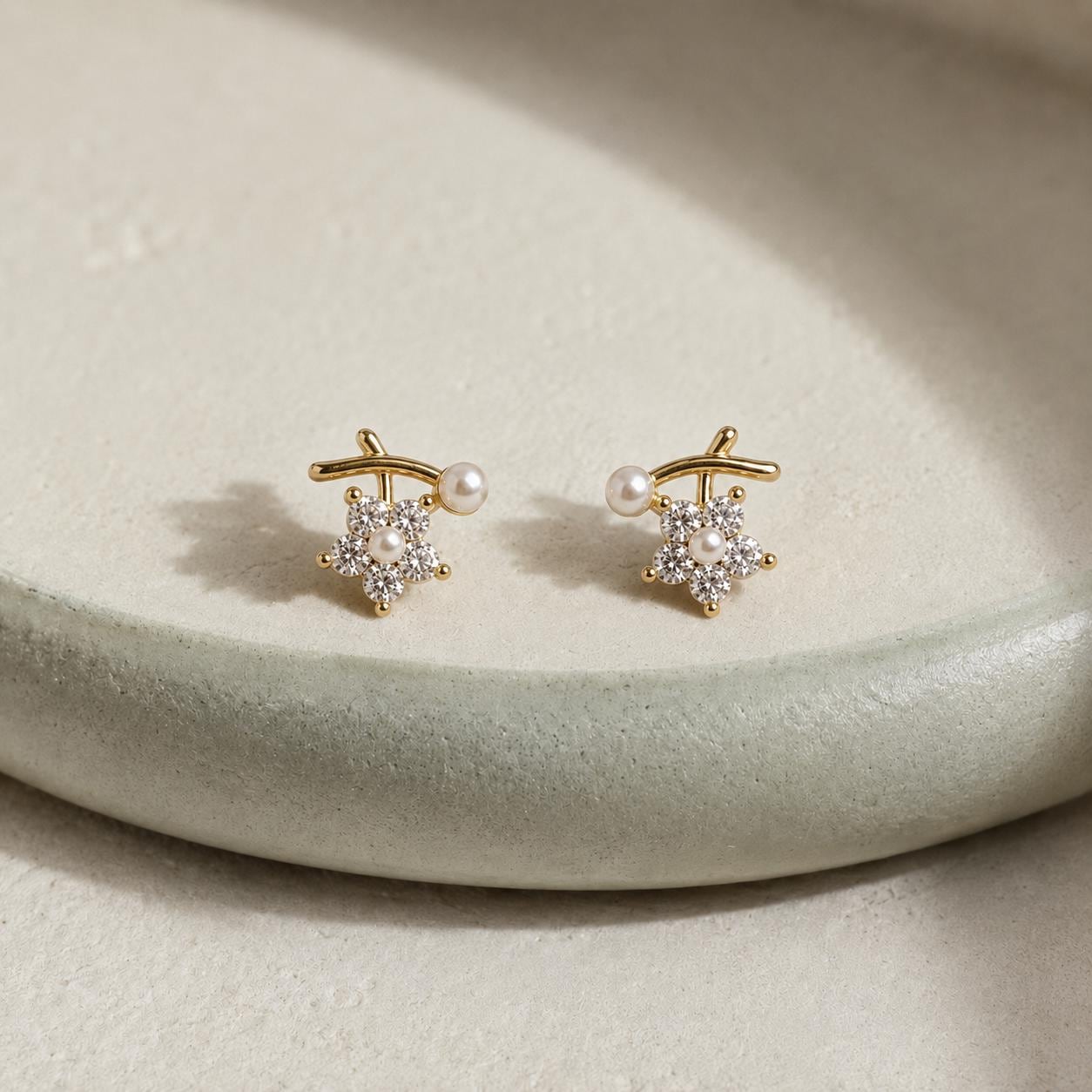 Pearl Accent Zircon Cluster Studs • Dainty 14K Gold-Tone Floral Earrings • Silver Post Bridal Jewelry • Minimalist Anniversary Gift