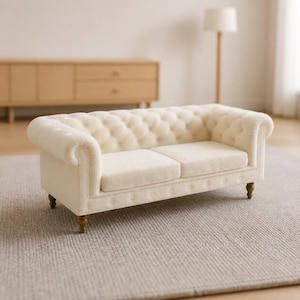 Könnte beinhalten: Ein cremefarbenes Miniatursofa mit einer getufteten Rückenlehne, gerollten Armlehnen und zwei Sitzkissen. Das Möbelstück steht auf vier kleinen, dunkelbraunen Holzbeinen und ist mit einer Knopfverzierung an der vorderen Basis versehen.