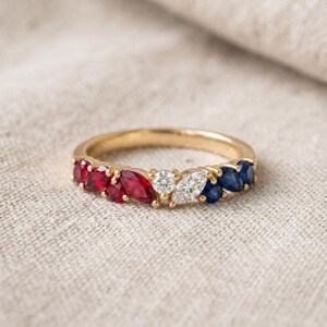 Red White and Blue Ring, Patriotic Stacking Band, Marquise Ruby Sapphire Moissanite Half Eternity, USA Flag Anniversary Gift for Her