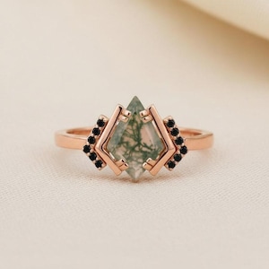 Kite Cut Moss Agate Ring, Geometric Rose Gold Statement Ring