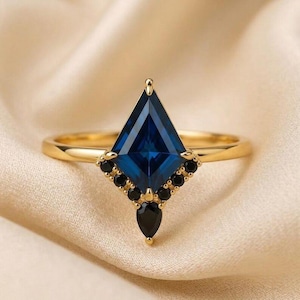 Kite Cut Blue Sapphire Ring, Geometric Art Deco Engagement Ring, Sterling Silver Black Stones