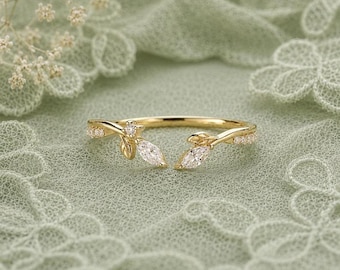 Moissanite Leaf Ring, Nature Inspired Open Ring, Marquise Wedding Band, Dainty Vine Ring, Minimalist Promise Ring