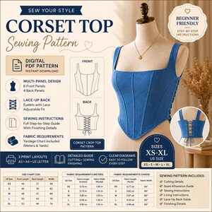 May include: A digital sewing pattern for a blue corset top with a square neckline and lace-up back. The infographic displays a multi-panel design, size range from XS to XL, fabric requirements in yards and meters, and step-by-step instructions.