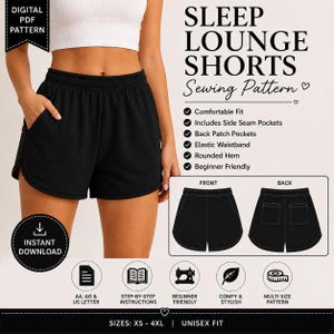 Peut inclure: Un patron de couture numérique PDF pour short de détente. L'image montre un short noir avec une taille élastique, des poches latérales, des poches arrière plaquées et un ourlet arrondi. Le texte indique SLEEP LOUNGE SHORTS, SIZES: XS - 4XL, UNISEX FIT.