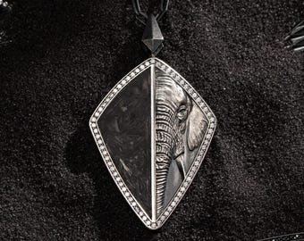 Silver Elephant Pendant Necklace w/ Carbon Fiber, Black Onyx Necklace | Animal Necklace for Men, Wildlife Jewelry | Gothic Jewelry for Men