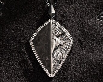Silver Eagle Necklace w/ Carbon Fiber, Black Onyx Necklace | Eagle Jewelry for Men, American Eagle Pendant | Diamond Necklace, Bird Necklace