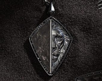 Silver Lion Necklace w/ Carbon Fiber, Lion Pendant | Animal Necklace for Him, Wild Animal Jewelry | Wildlife Jewelry Gift, Leo Necklace Men