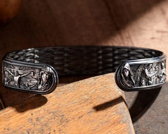 Silver Story of Jesus Bracelet, Christian Bracelet Gift | Life of Jesus Bracelet, Christian Jewelry | Cuff Bracelet Gift, Jesus Christ Gift