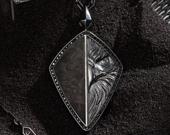 925 Silver Eagle Necklace w/ Carbon Fiber, Wild Animal Necklace | Eagle Jewelry, American Eagle Pendant | Bird Necklace, Unique Gift for Him
