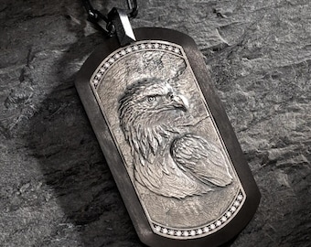 Sterling Silver Eagle Necklace, Carbon Fiber Necklace | Unique Gift for Him, Mens Eagle Jewelry, Eagle Pendant | Silver Bird Pendant for Men