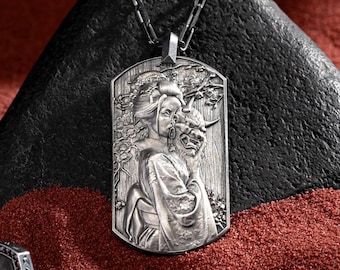 Sterling Silver Geisha Necklace w/ Oni Mask, Japanese Art Jewelry | Unique Japanese Necklace, Hannya Mask Necklace | Japanese Demon Necklace