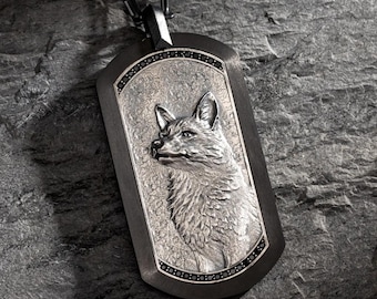 Silver Fox Necklace, Carbon Fiber Necklace | Fox Pendant w/ Black Onyx, Animal Pendant Necklace | Wild Animal Jewelry, Gifts for Boyfriend