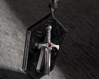 Silver Broken Sword Necklace, Excalibur Sword Necklace | Medieval Sword Pendant, Carbon Fiber Necklace | Fantasy Necklace, Medieval Jewelry