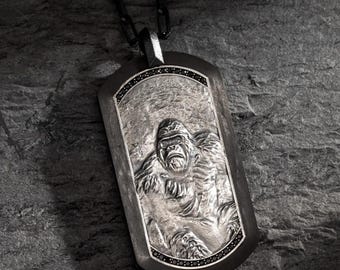 Sterling Silver Gorilla Necklace, African Animal Pendant | Carbon Fiber Necklace, Unique Men's Necklace | Wildlife Jewelry, Wild Animal Gift