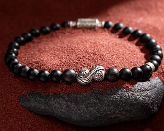 Matte Onyx Bracelet, Black Onyx Bracelet for Men | Black Onyx Jewelry for Boyfriend, Snowflake Obsidian Bracelet | Onyx Obsidian Bracelet