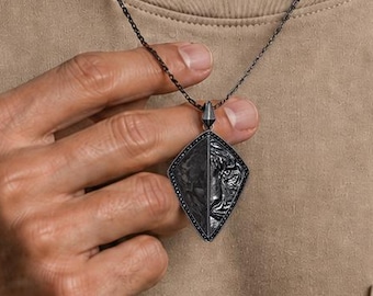 Silver Lion Necklace for Men, Carbon Fiber Necklace | Black Onyx Necklace, Black Diamond Necklace | Silver Lion Pendant, Men's Jewelry Gift