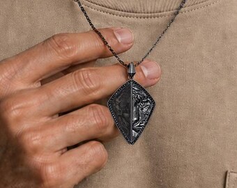 925 Silver Tiger Necklace w/ Carbon Fiber, Gothic Animal Pendant | Black Onyx Necklace, Unique Black Silver Necklace | Gifts for Boyfriend