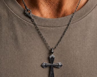 Silver Cross Necklace, Carbon Fiber Cross Pendant | Gothic Cross Necklace, Oxidized Cross Necklace | Unique Cross Pendant, Faith Necklace