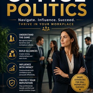Könnte beinhalten: Ein dunkelblaues Informationsplakat mit dem Titel UNDERTAKING OFFICE POLITICS. Es enthält weißen und goldenen Text, vier kreisförmige Symbole mit Schachfiguren, Sprechblasen, Wachstumscharts und Schildern sowie ein goldenes Siegel mit der Aufschrift SMART STRATEGIES FOR REAL WORKPLACE SUCCESS.