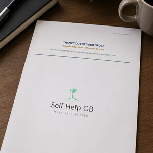 May include: A white document titled THANK YOU FOR YOUR ORDER Bespoke Interview Techniques Service with a green sprout logo and the text Self Help GB MAKE LIFE BETTER. The page includes a horizontal blue line and the footer text Page 1.