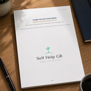 Op de afbeelding: Een wit document met de titel Thank You For Your Order Bespoke Live Mock Interview Service met een groen kiemplantpictogram en de tekst Self Help GB Make Life Better. Het document bevat een horizontale lijn en de tekst Page 1 onderaan.
