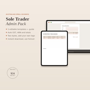 Könnte beinhalten: Ein digitales Verwaltungsvorlagenpaket für australische Kleinunternehmen mit dem Titel Sole Trader Admin Pack. Es enthält fünf bearbeitbare Vorlagen, einen Ausgaben-Tracker und ein Steuerrechnungsdokument auf einem Tablet und einem Computerbildschirm.