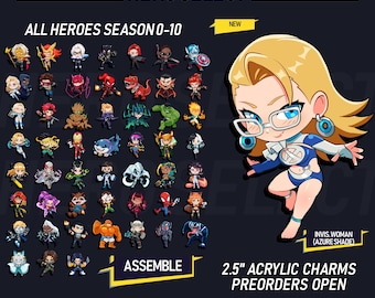 May include: A collection of 2.5-inch acrylic charms featuring chibi-style superhero characters. The display includes a grid of various heroes labeled ALL HEROES SEASON 0-10 and a large featured character labeled INVIS. WOMAN (AZURE SHADE).