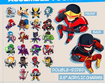 May include: A collection of 2.5-inch double-sided acrylic charms featuring chibi-style comic book characters. The image displays various figures in a grid, with a larger character shown from the front and back. Text includes ASSEMBLE YOUR TEAM.