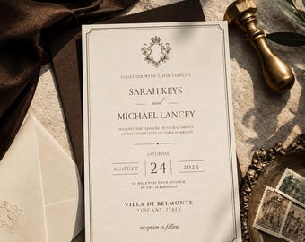 May include: A wedding invitation suite template titled OLD MONEY WEDDING INVITATION SUITE EDITABLE CANVA TEMPLATE. The invitation features a cream-colored card with a dark brown border, a crown crest, and text for Sarah Keys and Michael Lancey.