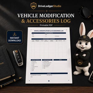 May include: A printable Vehicle Modification & Accessories Log PDF document featuring sections for vehicle information, modifications, and category references. Includes a black notebook, a car key fob, a pen, sunglasses, and a cartoon rabbit figurine.