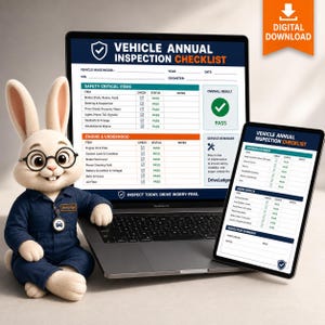 May include: A plush rabbit wearing glasses and a blue jumpsuit sits beside a laptop and a tablet displaying a Vehicle Annual Inspection Checklist. The screens show safety critical items, engine components, and exterior inspection status fields.
