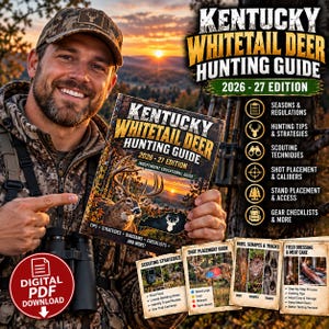 Könnte beinhalten: Ein Kentucky Whitetail Deer Hunting Guide 2026-27 Edition Buch mit einem Hirsch in einem Wald bei Sonnenuntergang. Das Cover enthält Text und der Leitfaden behandelt Jahreszeiten, Vorschriften, Jagdtipps, Scouting-Techniken und Checklisten.