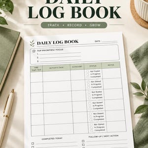 May include: A daily log book planner page featuring a top priorities section, a table for time, activity, category, status, and notes, plus sections for completed tasks and follow-up actions. The header reads DAILY LOG BOOK and Earth&PaperDigital.