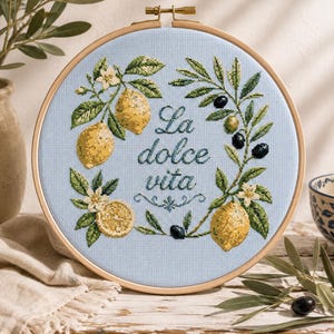 La Dolce Vita Cross Stitch Pattern | Lemon Olive Branch Embroidery Chart (PDF Download)