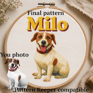 May include: A cross-stitch pattern in a wooden embroidery hoop featuring a white, brown, and tan dog with a red tongue. The text "Final pattern", "Milo", "You photo", and "Pattern Keeper compatible" is printed on the white fabric background.