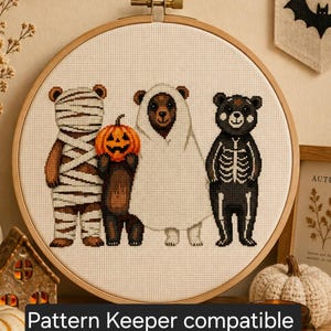 Könnte beinhalten: Ein runder Stickrahmen aus Holz mit einem Kreuzstichmotiv von vier Bären in Halloween-Kostümen. Ein Bär ist in weiße Bandagen gewickelt, einer hält einen orangefarbenen Kürbis, einer trägt ein weißes Geisterlaken und einer einen Skelettanzug.