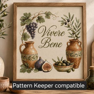 May include: A framed cross-stitch embroidery featuring the text Vivere Bene in a script font. The design includes two brown ceramic jugs, a bowl of green olives, a whole fig, a sliced fig, and a cluster of purple grapes with green leaves.