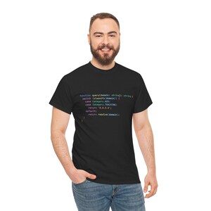 Puede incluir: Una camiseta negra de manga corta con un fragmento de código informático multicolor impreso en el pecho. El código incluye el texto function query(domain: string): string { switch (classify(domain)) { case Category.ADS: case Category.TRACKING: return '0.0.0.0'; default: return resolve(domain); } }.