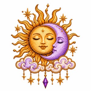 Pode incluir: Um sol dourado com rosto sorridente e raios radiantes é parcialmente eclipsado por uma lua crescente roxa com rosto de olhos fechados. Abaixo estão nuvens roxas e brancas com pingentes de estrelas douradas e um pingente central roxo.