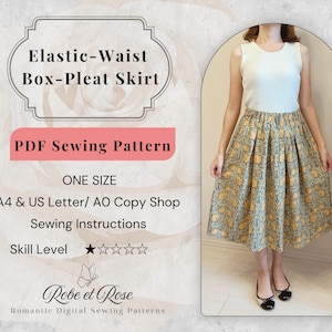 Könnte beinhalten: Ein PDF-Schnittmuster für einen Rock mit Gummizug und Kellerfalten. Das Bild zeigt den Text: Elastic-Waist Box-Pleat Skirt, PDF Sewing Pattern, ONE SIZE, A4 & US Letter/ A0 Copy Shop, Sewing Instructions, Skill Level 1 star, Robe et Rose.